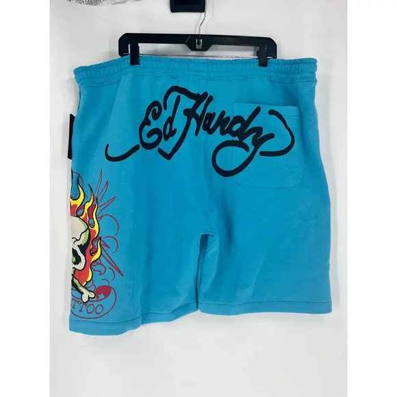 Ed Hardy Graphic Fire Skull Tattoo Men's Fleece Sweat shorts Size XXL Blue NWT - Picture 3 of 11